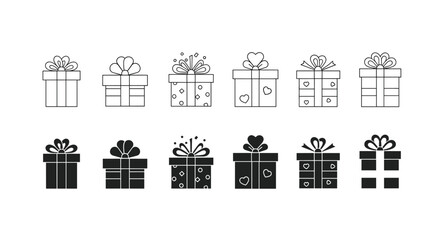 Fototapeta premium Gift Boxes Icons - Line Art and Solid Fill, Presents for Holidays, Celebrations and Special Occasions, Vector Illustration