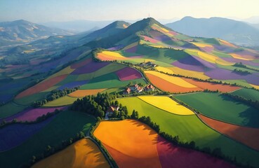 Fototapeta premium Aerial view of colorful agricultural fields on mountain slopes. Vivid farmland pattern landscape includes diverse colored crops, farms. Nature scenery of countryside with farming fields.