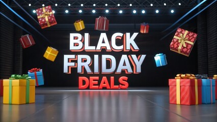 black friday concept. Vibrant display of colorful gift boxes with "BLACK FRIDAY DEALS" prominently featured, perfect for holiday shopping promotions.