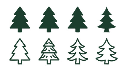 Obraz premium Collection of stylized christmas tree icons in dark green and outline