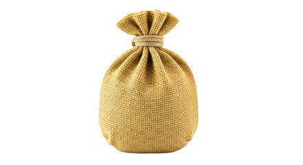 Isolated burlap sack tied with string on studio, golden color, handmade natural bag