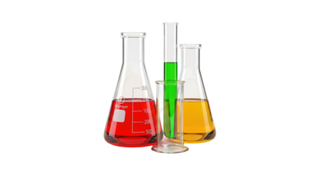 Isolated beakers, test tubes, laboratory glassware filled with colorful liquids chemistry