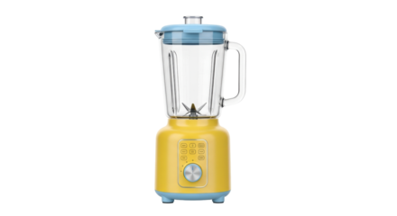 Isolated yellow and blue blender, a home appliance used to blend liquids in a kitchen setting