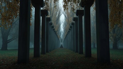 Ethereal foggy pathway with vertical columns surrounded by trees