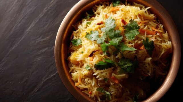 Top view of vegetarian pulao in a round brass bowl, with selective focus emphasizing textures and colors