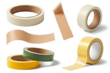 Various types of adhesive tapes displayed against a white background showcasing construction and packaging options for crafts and design projects