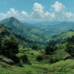 Fototapeta premium Scenic landscape illustration of green hills valleys and mountains under a partly cloudy blue sky