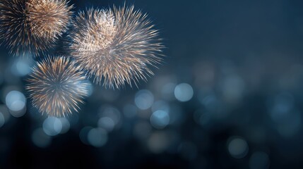 Abstract New Year Eve scene with golden and dark blue fireworks and bokeh lights, copy space for text