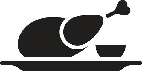 Simple black silhouette icon of a roasted chicken on a platter