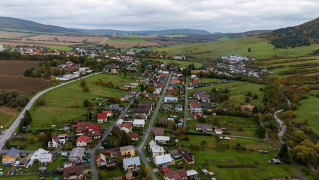 Zborov village and surrounding hills in eastern Slovakia, aerial drone view