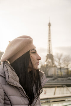 Woman in Paris with Eiffel Tower in Background