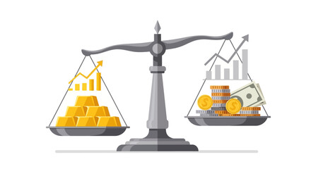 Financial Investment Comparison Gold Bars and Stacks of Currency Balanced on a Scale, Illustrating the Value and Growth Potential of Different Assets in the Global Economy