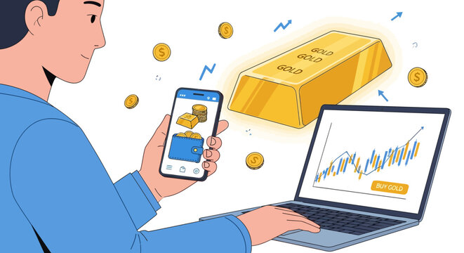 Man managing digital investments and wealth online, utilizing a smartphone and laptop to track financial growth with gold assets and cryptocurrency