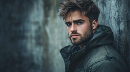 Fototapeta premium Man with textured fringe haircut, bomber jacket, and youthful street style, posed against a neutral background.