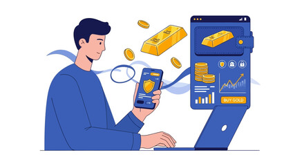 Modern financial technology illustration depicting a man investing in digital gold and managing assets securely through mobile banking and online platforms for wealth growth