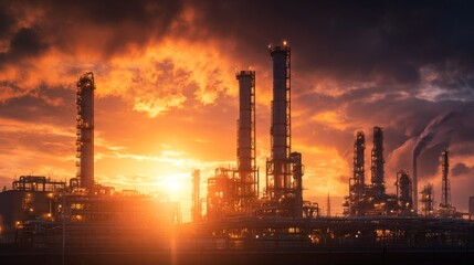 Fototapeta premium Industrial oil refinery plant with tall metal towers under dramatic sunset sky