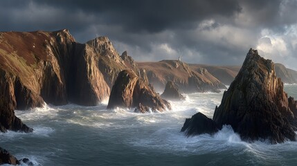 Dramatic coastal landscape with rugged cliffs and turbulent ocean waves under cloudy skies