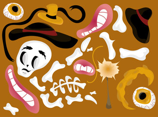 Halloween Bones and Skulls Vector Pattern with Eyes, Hats and Spooky Elements