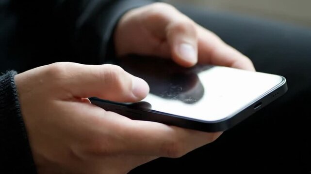 Mobile Connection Man Texting on Smartphone Tech Review Cellular Device Screen Chat Communication Messaging Hands