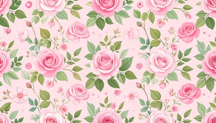 Floral pattern with repeating pink roses and green leaves on a pink background