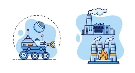 Isolated Illustrations of Futuristic Rover and Factory in Blue and Yellow, Vector Graphics