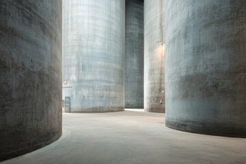 Fototapeta premium Inside a large industrial space, multiple towering cylindrical structures stand in a row