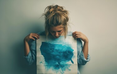 Artful expression of identity with a blue watercolor map pinned to a wall