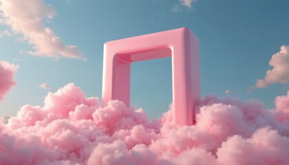 Pink frame among pink clouds on sky. Minimal design with pastel colors. Artistic dreamy render with bright mood, vivid colors, optimism. Gateway concept towards better future. Modern art installation