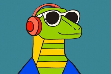 Cool reptile illustration with headphones and sunglasses