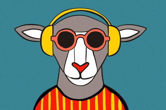 Cool sheep with headphones and sunglasses on blue background