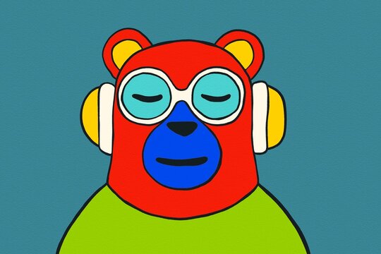 Vibrant bear with headphones on blue background