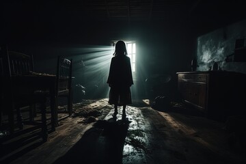 Terrifying silhouette of little ghost girl emerging from darkness. Strong horror mood with paranormal concept, great for cinematic visuals, posters and suspenseful narratives