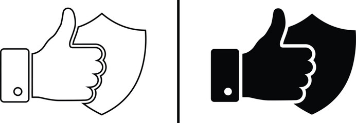 Security Endorsement: Two distinct visual renditions of a hand gesture and shield, symbolizing security, agreement and approval. They express confidence and protection in a simple, yet effective way.