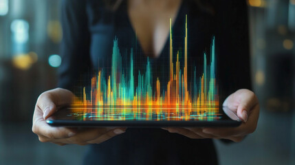 A focused entrepreneur holds a tablet projecting futuristic holographic charts in hyperrealistic detail. The scene conveys innovation, data-driven decision making, technology, and modern business stra