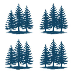Fototapeta premium Four clusters of stylized evergreen trees in blue tones