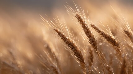 Close-up view of ripe golden wheat shining in the evening sunlight, capturing the calm charm of rural life.