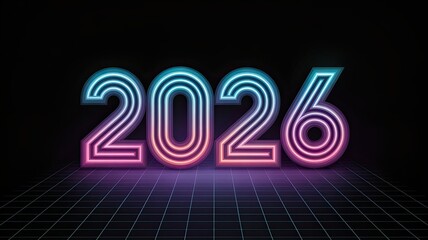 Vibrant neon 2026 new year design with grid floor on a dark background, symbolizing the upcoming year and its anticipation and excitement for the future.