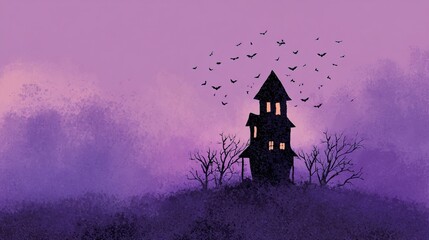 Flat illustration of black haunted house silhouette on purple gradient background. Minimalist spooky concept perfect for Halloween posters, invitations and seasonal design projects