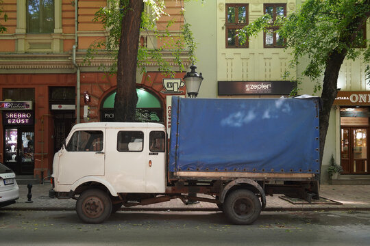 Old Zastava COE commercial truck (615, 620, 650, 850, 900; Crvena Zastava plant,  Kragujevac) double-cab blue tarpaulin. Reliable Fiat license vintage transport. Subotica, Serbia. 02.06.2025.