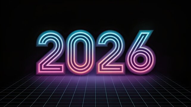 Vibrant neon 2026 new year design with grid floor on a dark background, symbolizing the upcoming year and its anticipation and excitement for the future.