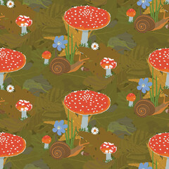 Close look of forest floor seamless pattern with red mushrooms and scattered green leaves