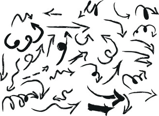 A collection of handdrawn, sketchy arrows in various shapes and directions, isolated on a white background