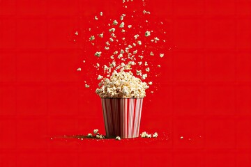 A red and white striped container overflows with popcorn against a solid red background