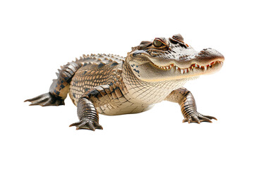 Naklejka premium Crocodile on white background, showcasing its detailed scales and powerful jaws.