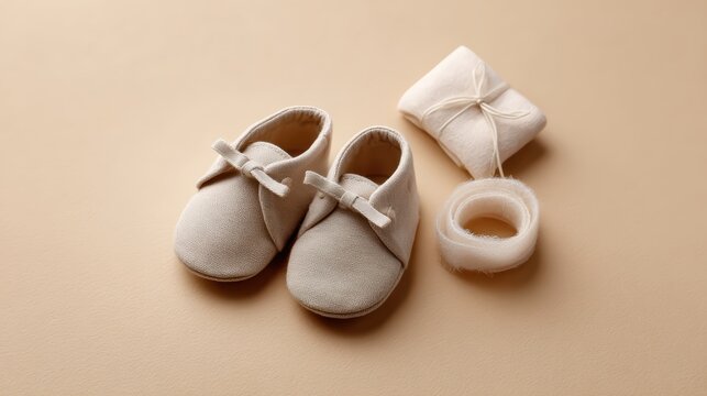 Neutral-colored baby shoes with coordinating accessories, isolated on beige background. Cute and simple newborn essentials concept
