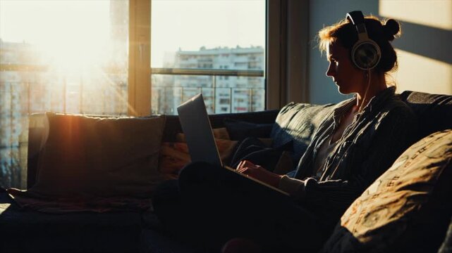  Young man working from home casually sitting on sofa on a Sunny Day using laptop while listening to audio