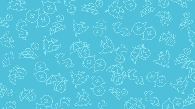 Seamless pattern with hand drawn doodle icons of finance, money, and insurance including umbrellas, coins, and currency symbols. Monochrome blue outline illustration ideal for banking or investment