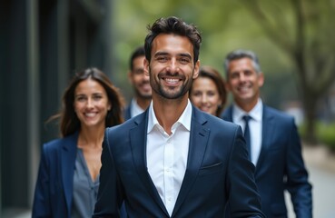 A diverse business team in suits smiles toward camera. Group of professionals in formal attire demonstrates success. Colleagues show confidence and unity outdoors on sunny day.