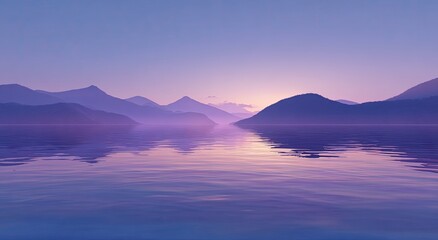 Obraz premium Serene landscape of a calm lake reflecting purple mountains at twilight. Gentle hues