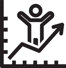 Vector art of a stylized black and white icon depicts a person with arms raised standing atop an upwardsloping line graph, symbolizing success, growth, and achievement on